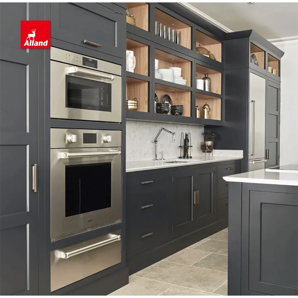Allandcabinet Transitional Design American Inset Framed Solid Wood Kitchen Cabinet with Open Shelves and Marble Countertop