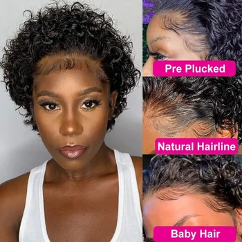 13X1 Transparent Lace Front Wig Large Cap Size Short Curly Pixie Cut Virgin Human Hair Pre-Plucked Wigs for Women