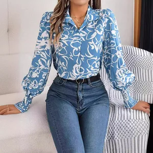 2026 Fall Winter Elegant Color-Block Floral Lantern Sleeve Women's Collared Shirt