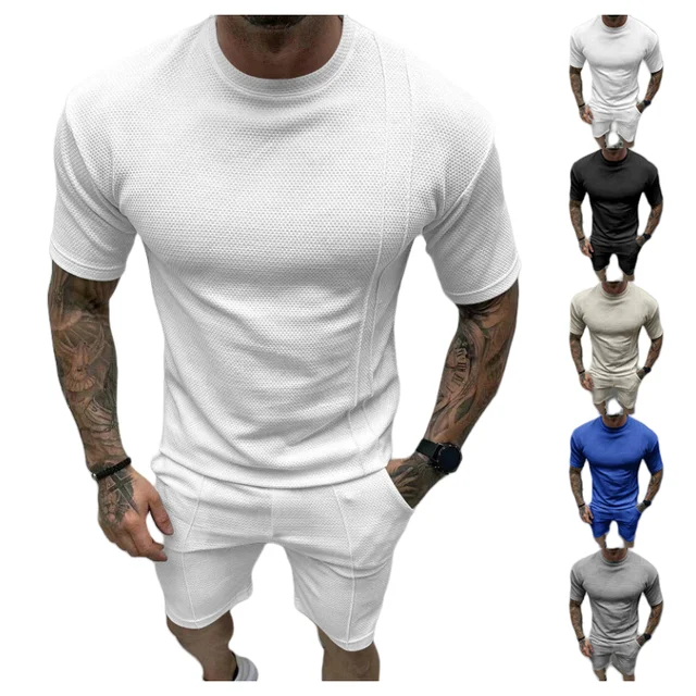 Summer Men 2 Piece Set Blank Solid Color Printing Design Custom Logo T shirt And Shorts Set Men