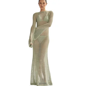 2026 Solid Women's Beach Cover Ups Long Sleeve See-Through Tankini Dress Floral Geometric Letter Fruit Knit Crochet for Beach