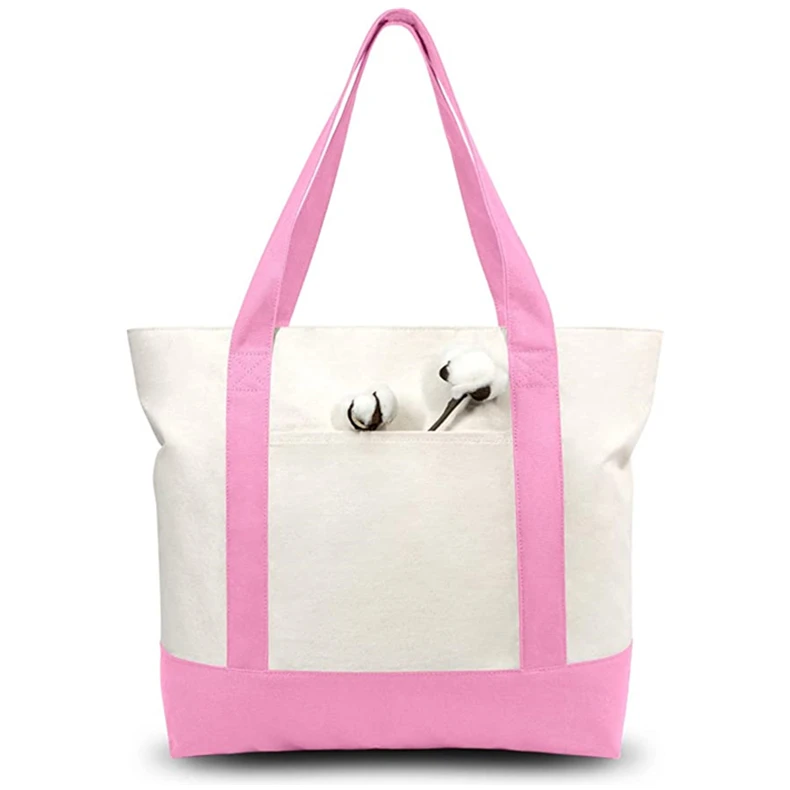 Custom with Logo Printing Blank Plain Pocket and Zipper Shoulder Handle Extra Large Shopping Cotton Canvas Tote Bags