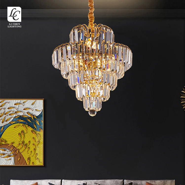 P0058 Luxury Round Gold Crystal Chandelier Modern Tiered LED Pendant Lamp for Living Room
