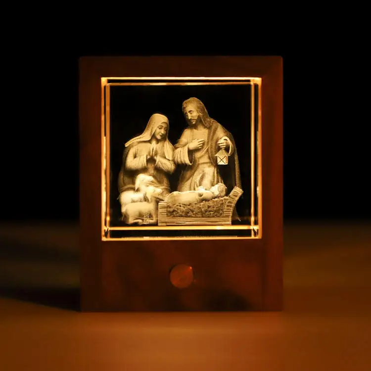 Wholesale 3D Crystal Laser Carved Transparent Warm LED Wooden Frame Craft Small Bridge Gift Engraving Technique Glass Cube