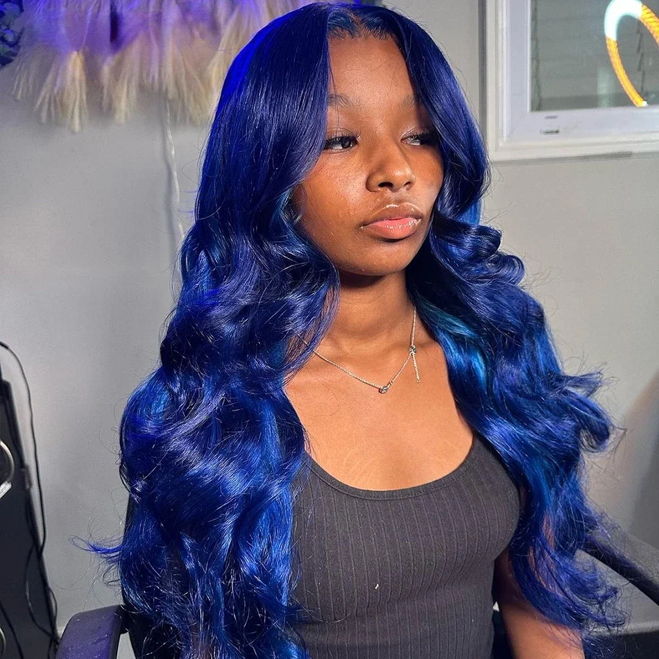 Blau gefärbte 13 x 4 transparente Lace Front Perücke Body Wave Echthaar Perücken für Frauen_voghion.com