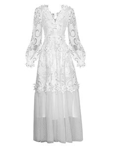 Customize Casual Women's Spring Floral Lace Zippers Embroidery Tulle Mesh Patchwork Hollow Out Vintage A-Line Floor-Length Dress