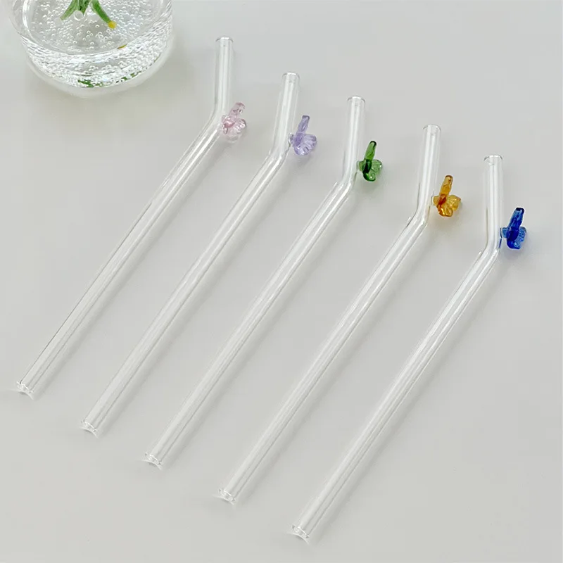 High Appearance Level Colorful New Color butterfly Pyrex Glass Straw Juice Coffee Milk Elbow Straw