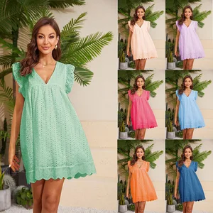 Wholesale Short Perforating Babydoll Flowy Sexy Summer V Neck Beach Sun Dress Loose Ruffle Sleeve Romper Dresses With Shorts