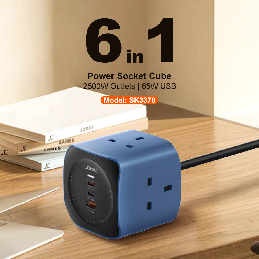 LDNIO SK3370 6 in 1 UK Power Socket Cube with 65W PD USB Ports - Ideal ...