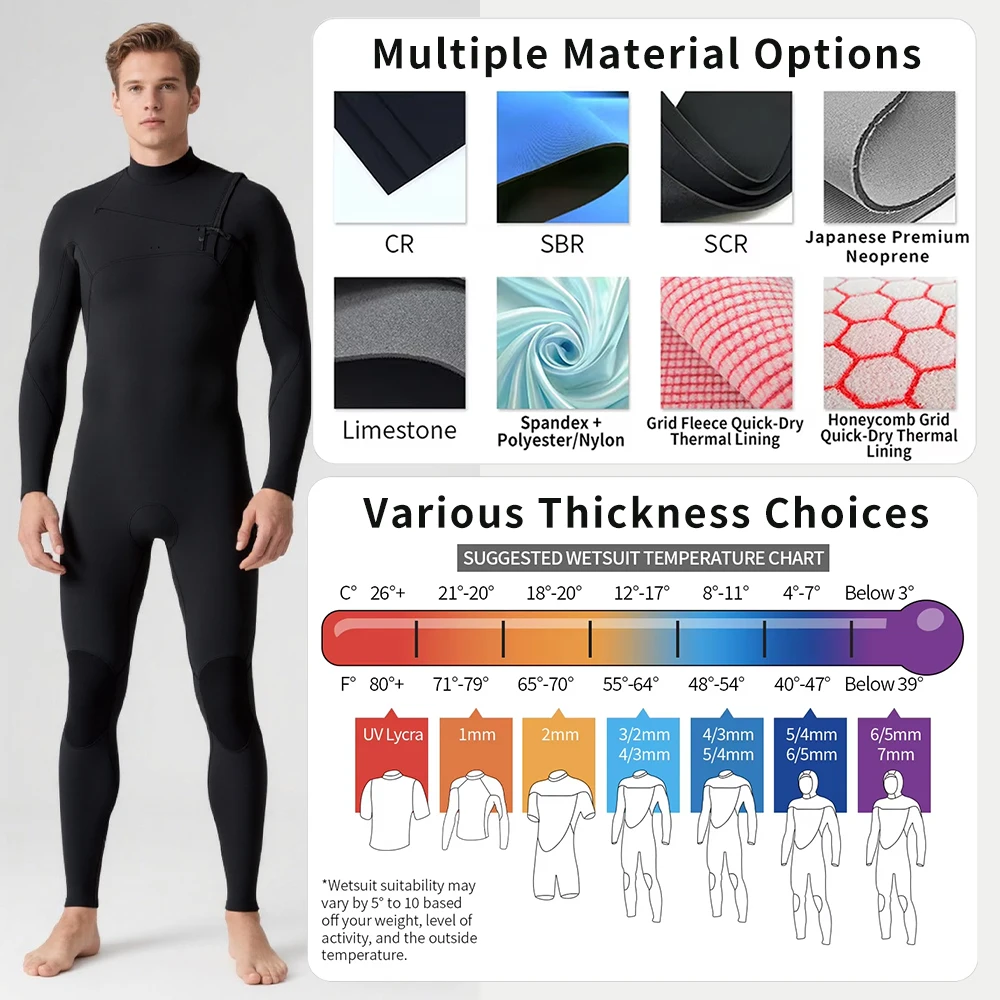 Engros 4/3mm Neopren Brystzip Surf Vandsportsdragt Étdelset Kalkstens Neopren Dydning Dragt Høj Elasticitet Surf Dudsport Dragt til Mænd