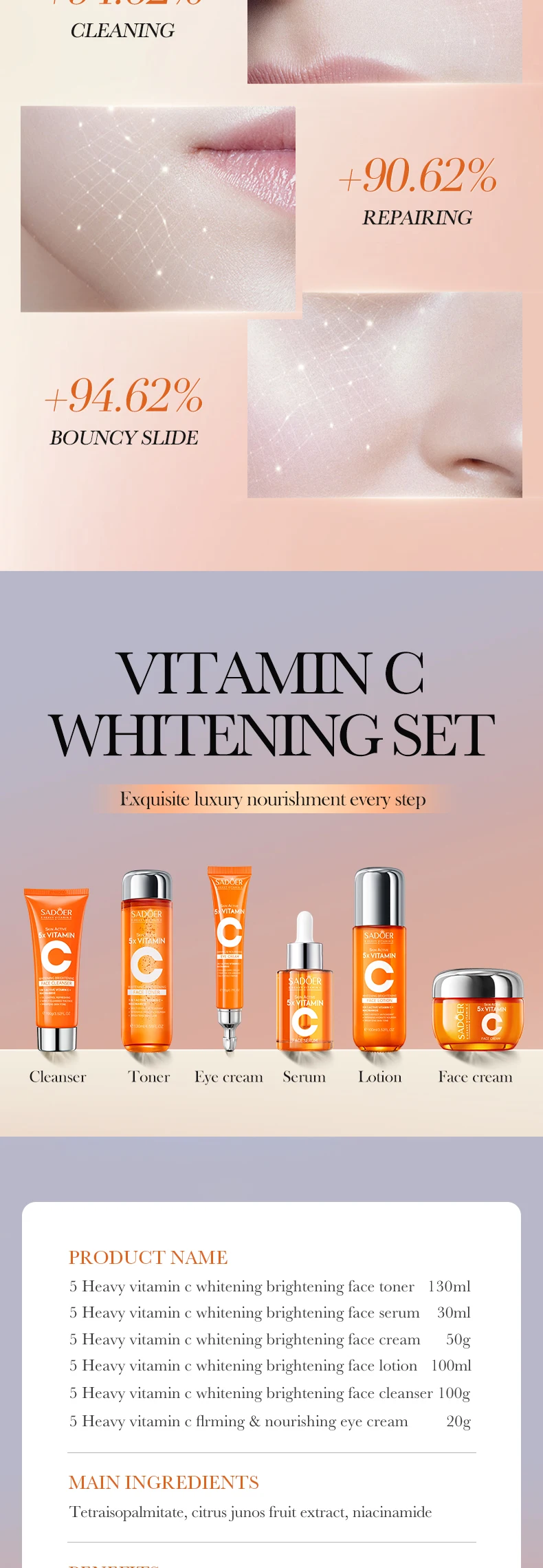 OEM SADOER Organic VC facial serum Brightening Hydrating 5 In 1 Set Vitamin C Large Kit Care Face skin care set details