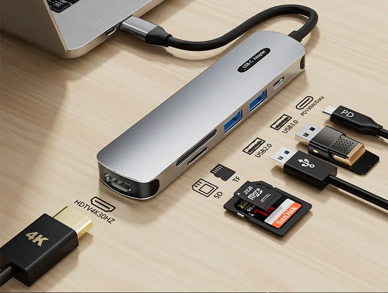 Usb C Docking Station Hub 6 ports Pd3.0 100W Hdtv 4K USB 3.0 TF SD card reader Laptop Notebook adapter 6 In 1 Type C Hub