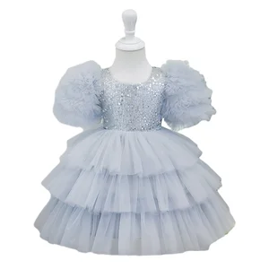Customized Design Summer Princess Party Dresses Puff Sleeve Sequined Girls Cake Tulle Dresses