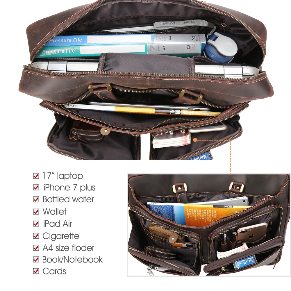 Mens Top Quality Full Grain 17 Inches Multifunction Vintage Portfolio Leather Messenger Laptop Shoulder Briefcase Bag