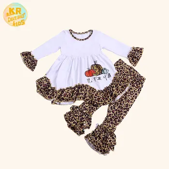 Wholesale baby girls boutique clothing sets Long sleeve top clothes outfits leopard pants Halloween Pumpkin Set