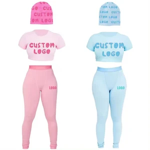 Custom Logo Women Clothing Cotton Ribbed Short Sleeve Legging 2 Pc Sets Loungewear Outfits Wholesale Two Pieces Women Sets