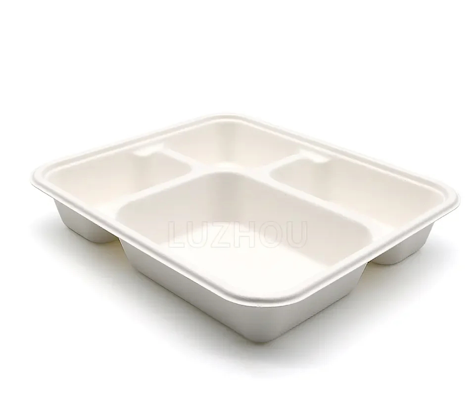 Oasis Large 4 Compartments Disposable Biodegradable Square Tray Compostable Sugarcane Bagasse Food Tray for Camping