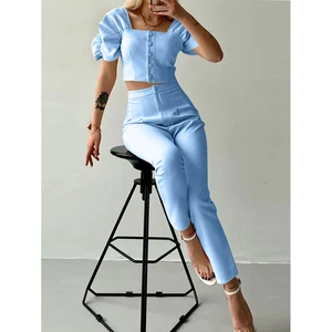 Summer Fashion Solid Square Collar Single Breasted Short Sleeve Top & Long Pants Suit Elegant Women's Office Two Piece Sets