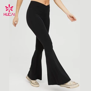 Custom Womens New High Waisted V Shape Cut Tummy Control Crossover Yoga Fitness Pants Rib Super Flare Legging