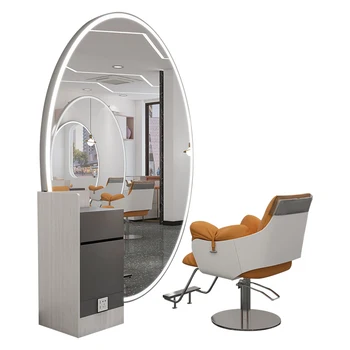Hairdressing Stylist Station Mirror Barber Mirror Station with Cabinet Salon Mirror Station