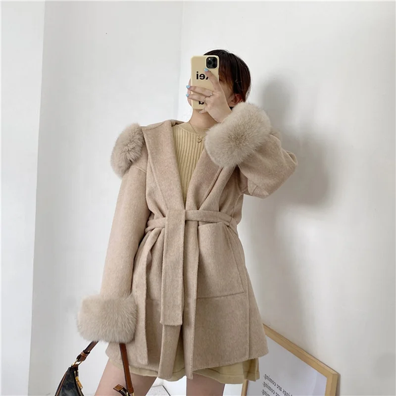 Hot Sale Winter Hood Long Coat Women Wool Trench Cashmere Coats With Fox Fur Cuff