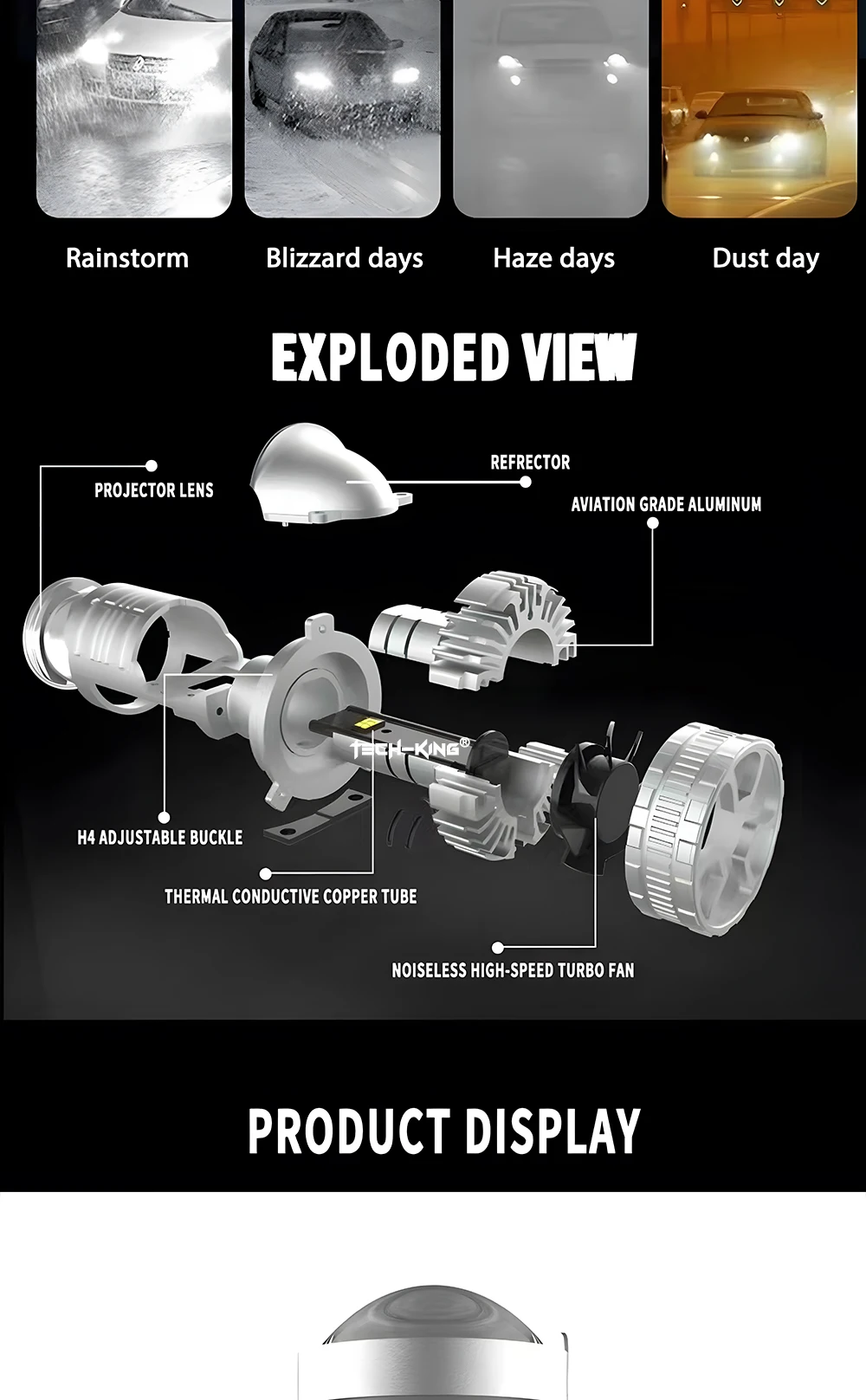 TECH-KING Super Factory Manufacture Bright Car Headlight High Beam Low Beam 160W H4 Mini Bi-led Projector Lens Led Headlight