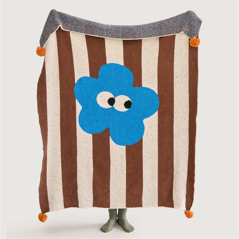 New Arrival Polyester  Cartoon Blue Flower Vertical Stripe Jacquard Knitted Throw Blanket  for Office  Home Decoration LD