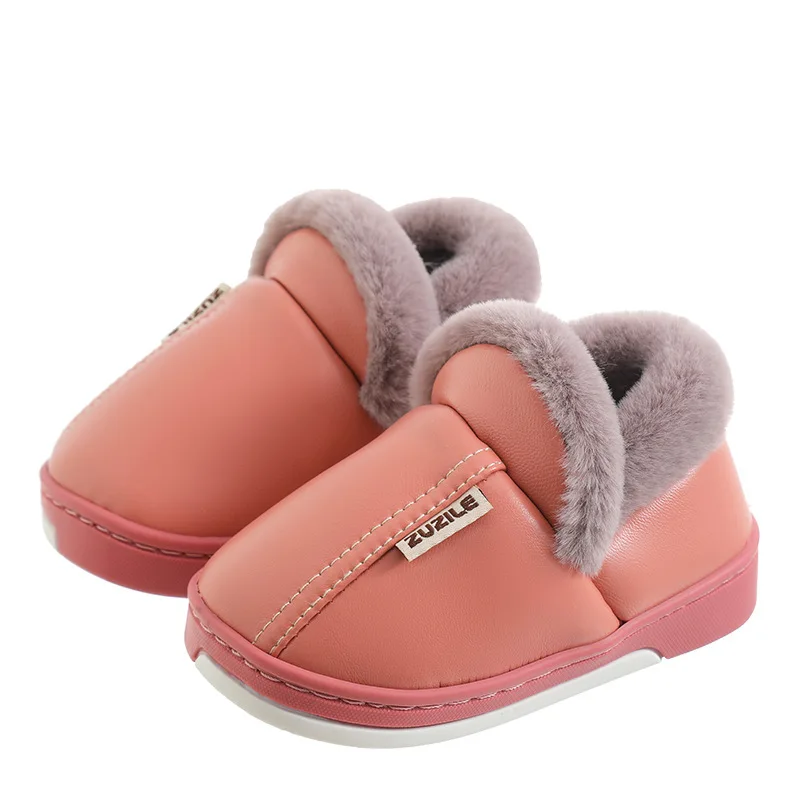 Зимняя детская теплая обувь для мальчиков и девочек; Хлопковые тапочки; Детская Нескользящая водонепроницаемая обувь из искусственной кожи; Модная домашняя теплая Повседневная обувь