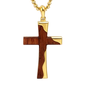 Wood Inlay Christian Classic Cross Pendant Necklace 18K Gold Plated Stainless Steel Wood Cross Pendant