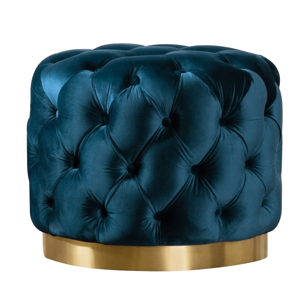 Modern Round Upholstered Velvet Fabric Tufted Gold Metal Finish Ottoman With Tufted Button