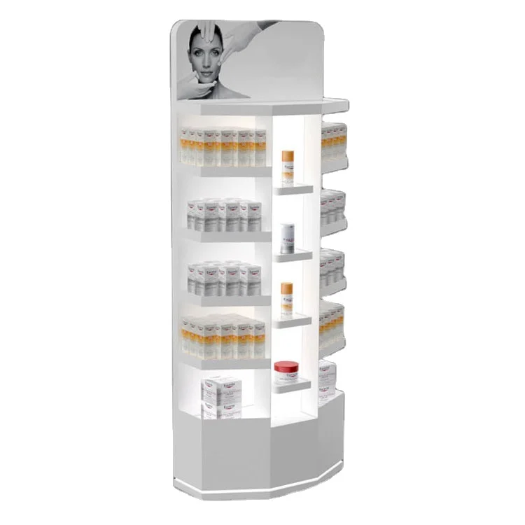 Metal Floor Standing Cosmetic Display Rack with Multi Tier Shelves and Large Back Panel for Lipstick Perfume Foundation in Shops