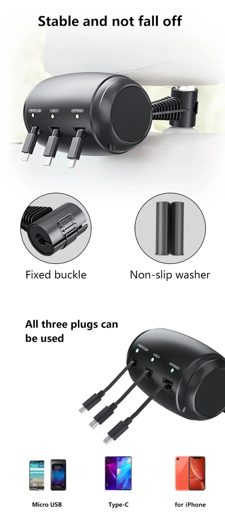 Universal Type C Micro USB Multi Car Retractable Cable Backseat 3 In 1 Car Charger