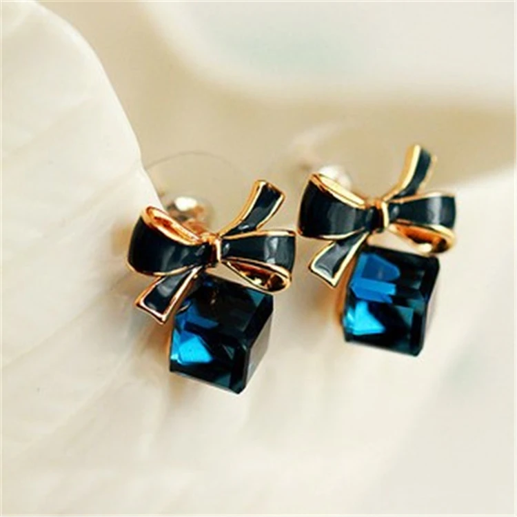 Fashion Korean Bowknot Earrings Cube Crystal Earrings Temperament All-match Women's Earrings Jewelry