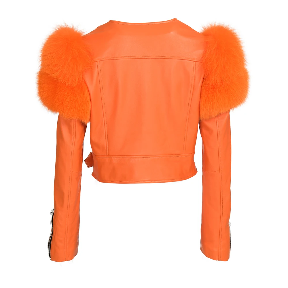 Custom Genuine Sheep Leather Jacket With Real Fox Fur Wholesale Ladies Cropped Real Sheepskin 