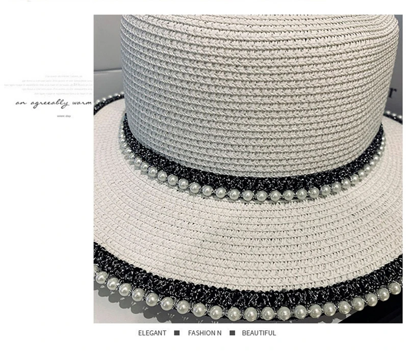 New Summer Ladies Spring Hats Flower Beads Wide Brim Jazz Panama Straw Sun Visor Beach Hat Flower Rivet Pearl Straw Hat Cap