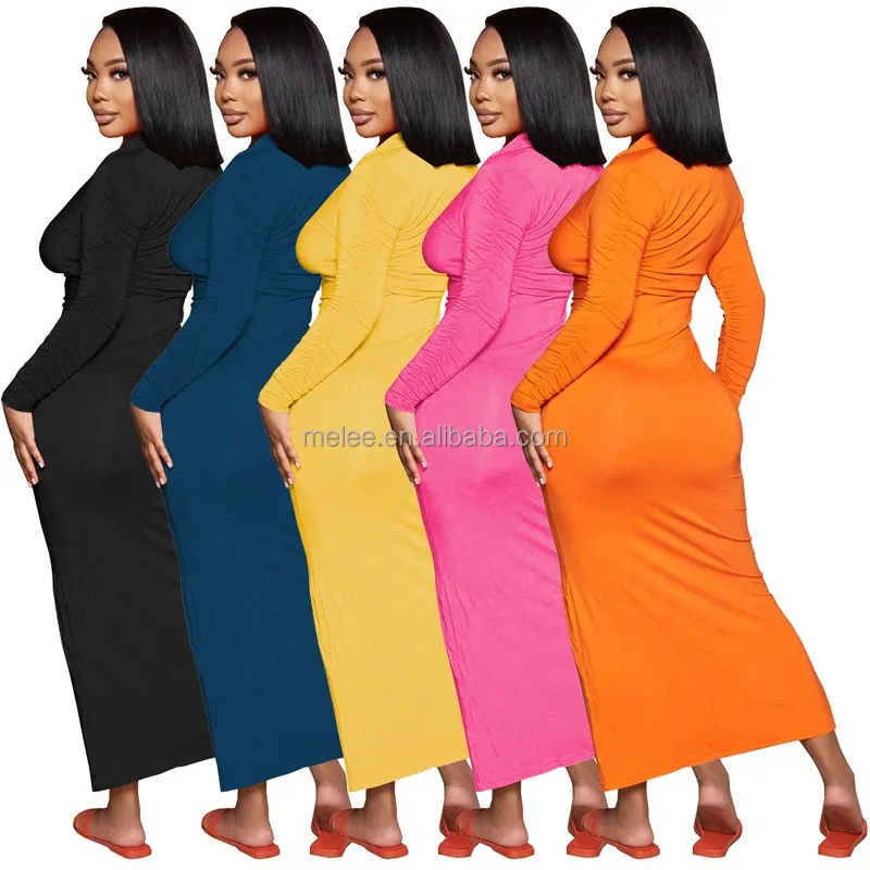 Y212040 Elegant Casual Women's Dresses Autumn Winter Casual Folds Solid Long Dresses Button Up Long Sleeves Sexy Dress