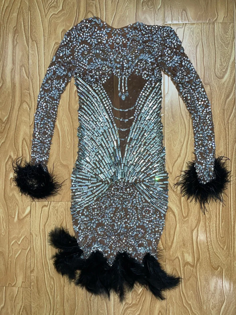 Luxury See Through Feathers Rhinestone Crystal Birthday Wedding Party Gown  Women Bodycon Club Dress Short Evening Prom Dresses