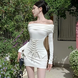 Women's Long-Sleeve Knit Off-the-Shoulder Tight Mini Dress - Slim-Fitting, Perfect for Spring & Autumn Daily Casual Wear