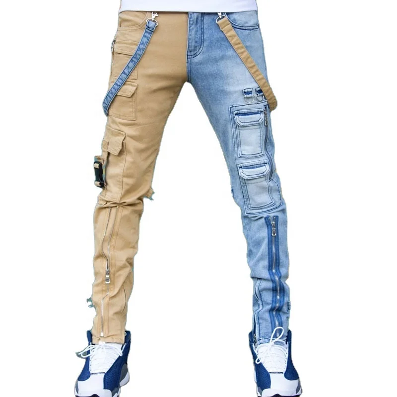 Men 3D Stretch Digital Print Tight Zipper Cargo Long Pant Chain Casual Slim Trouser 