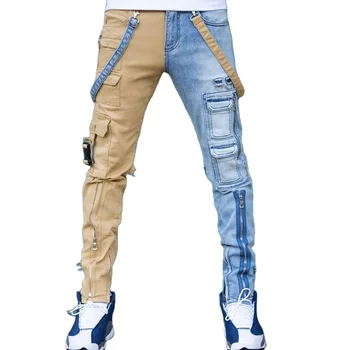 2022 New Color Matching Wash Stretched Jeans Men's Trendy Brand Slim Denim Pants Straight Trousers Zipper Tooling Jeans