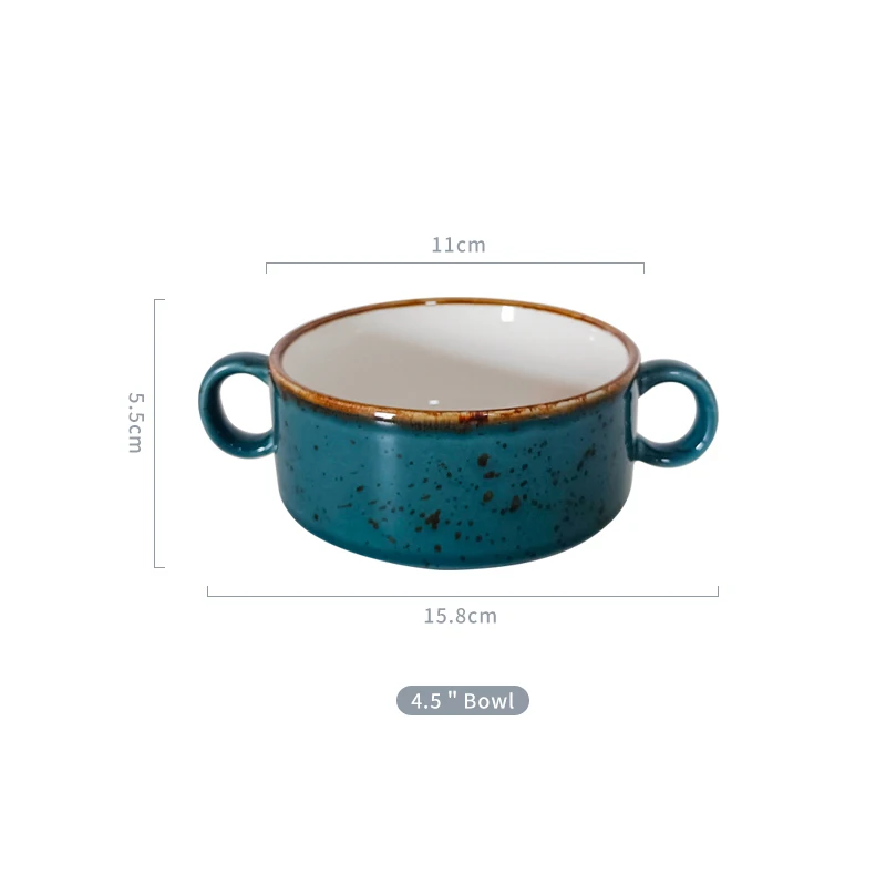 product fenn high quality europe soup porridge bowl hotel catering usedspeckled blue color ceramic soup bowl with two handle-56