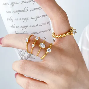 MW Stainless Steel 18K Gold Plated Minimalist Elegant White Zircon Ring Women Alien Double Line Symmetry Zircon Inlaid Ring Gift