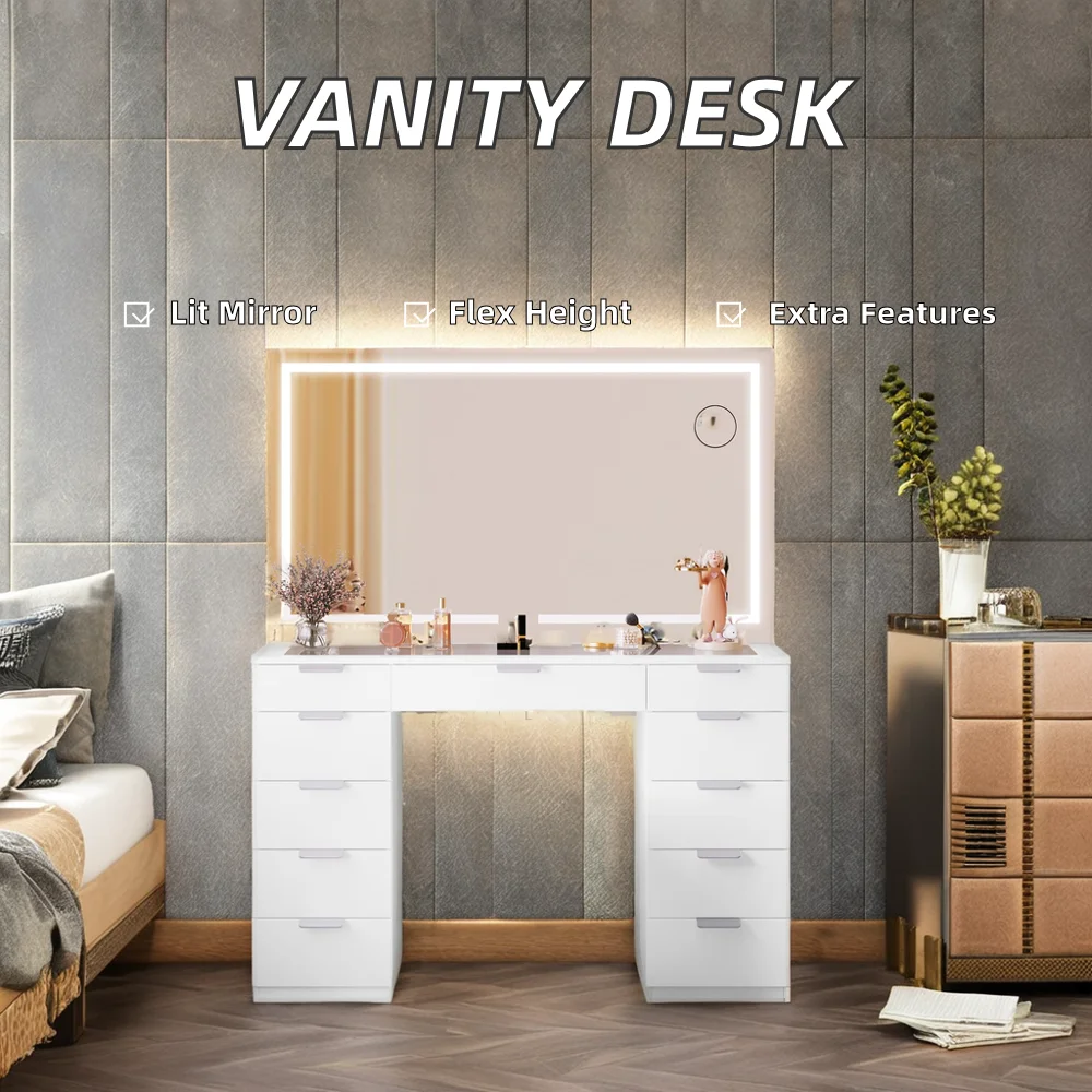 Customized Modern Style Vanity Desk for Children Lighted Mirror Makeup Dressing Table with Storage Furniture Wood Iron Material
