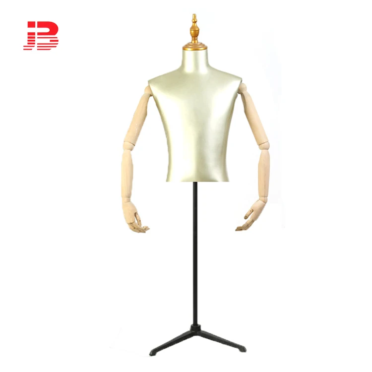 Upper Body Bust Male Dress Form Mannequin Covered Fabric Torso with Adjustable Wooden Arm