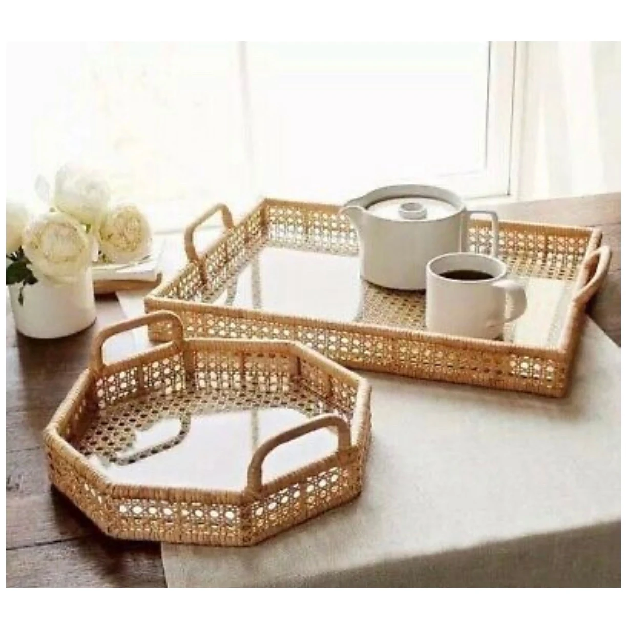 New Stylized Rattan Cane bing Tray And Rattan Basket Serving Tray