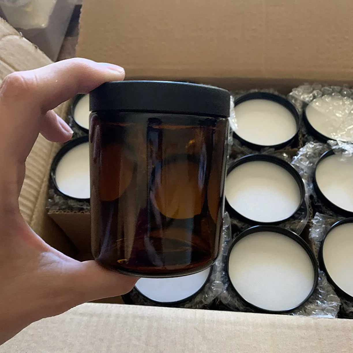 Home Decor Glass Storage Containers 250ml Empty Recycled Straight Sided Amber Glass Candle Jars With Metal Lids