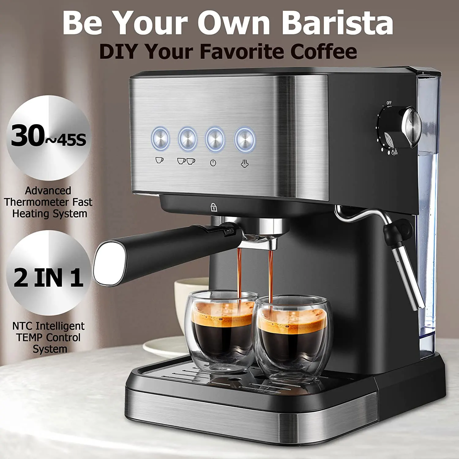 20 Bar High Pressure Espresso Coffee Machines With Powerful Milk Wand