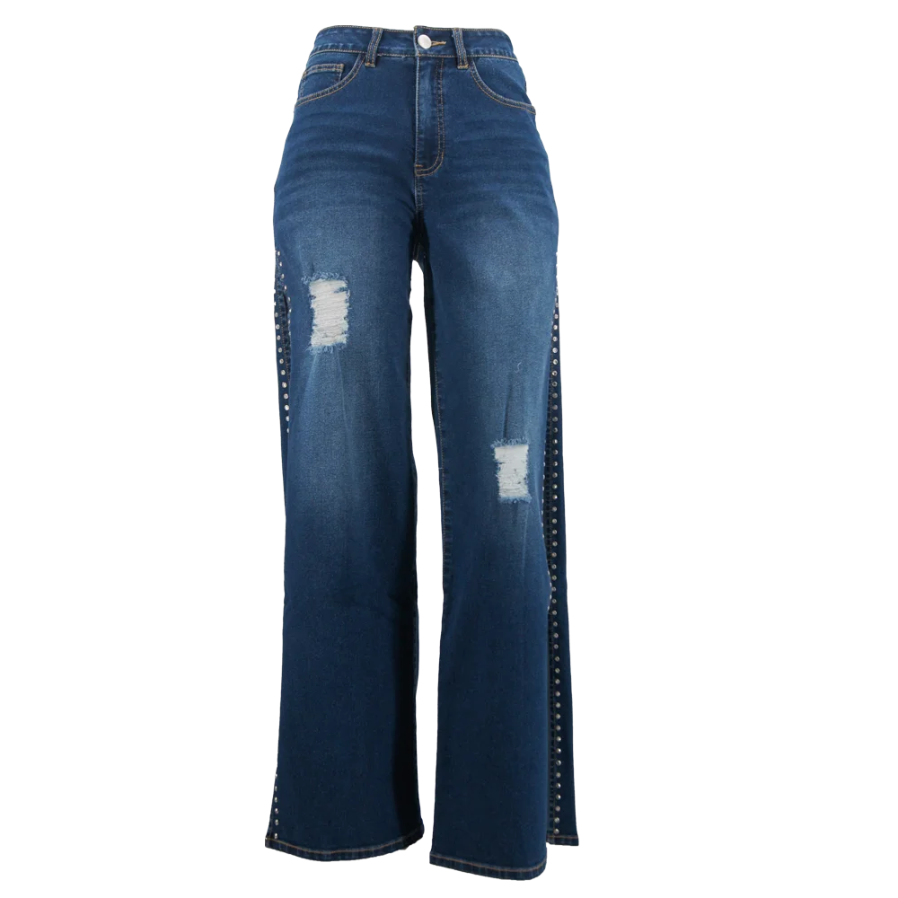 Women's Wide Leg Jeans with Studded Side & Distressed Design High Waist Casual Denim Pants