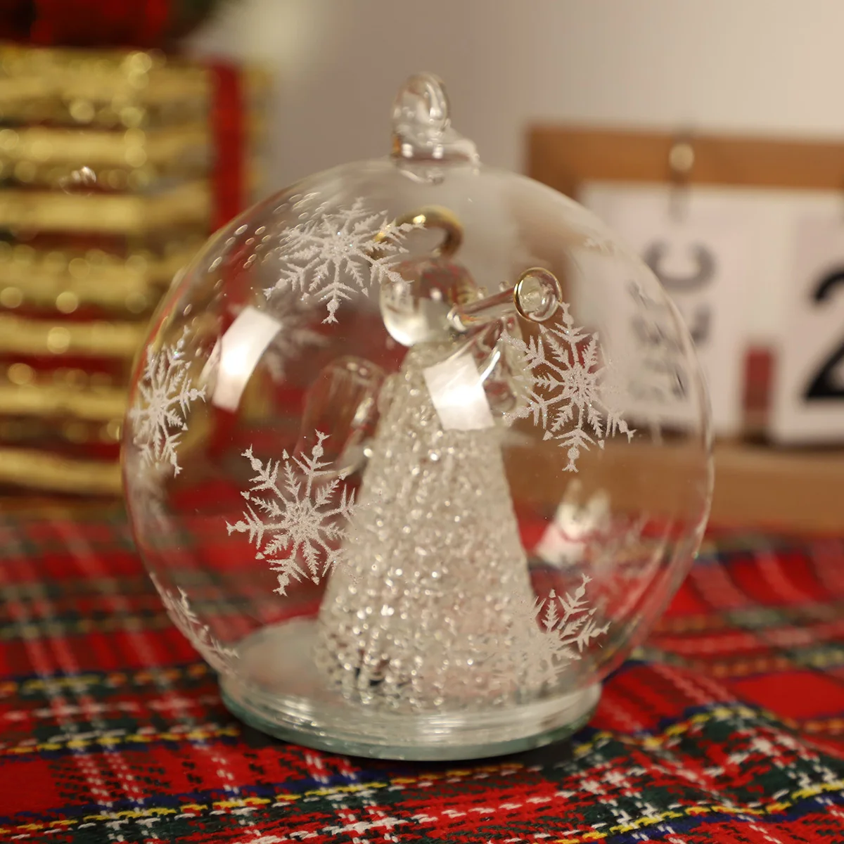 Led color changing small hand painted spun glass angel christmas baubles ornament playing trumpet in 12cm clear glass ball