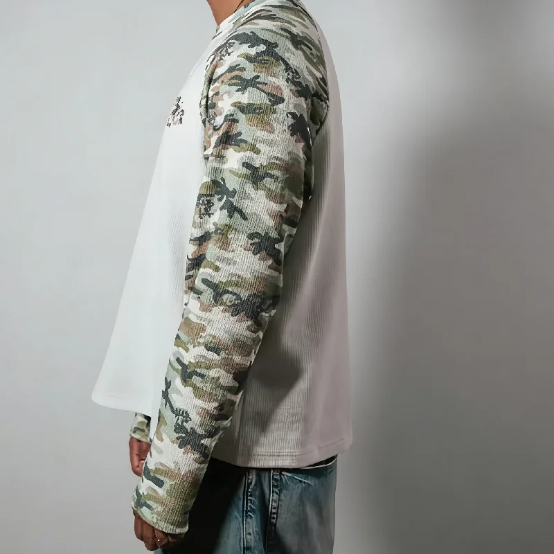 Streetwear Custom Oversized Cotton Color Block Camo Camouflage Tee Tshirt Waffle Long Sleeve t Shirt for Men gallery 3